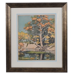Color Block Print Titled "Old Sycamore" C. 1941-1942, Artist Signed Norma Bassett Hall (1889-1957)
