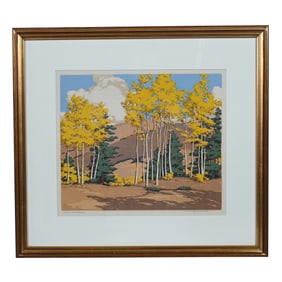 Serigraph Titled "Aspen And Spruce" C. 1949, Artist Signed Norma Bassett Hall (1889-1957)