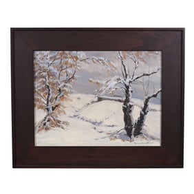 Original Oil Painting On Board, Untitled Winter Scape Scene, Artist Signed Norma Bassett Hall