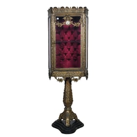Display Cabinet, Heavy Solid Brass Frame With Marble Top, Brass Pedestal On Black Marble Base
