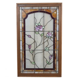 Cased & Lighted Stained Glass Window, Rose Branch Decor With Clear Etched Windows