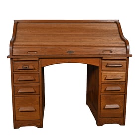 Oak Roll Top Desk, Separates Into Three Parts Including: Removable Roll Top And Two Side Cabinets