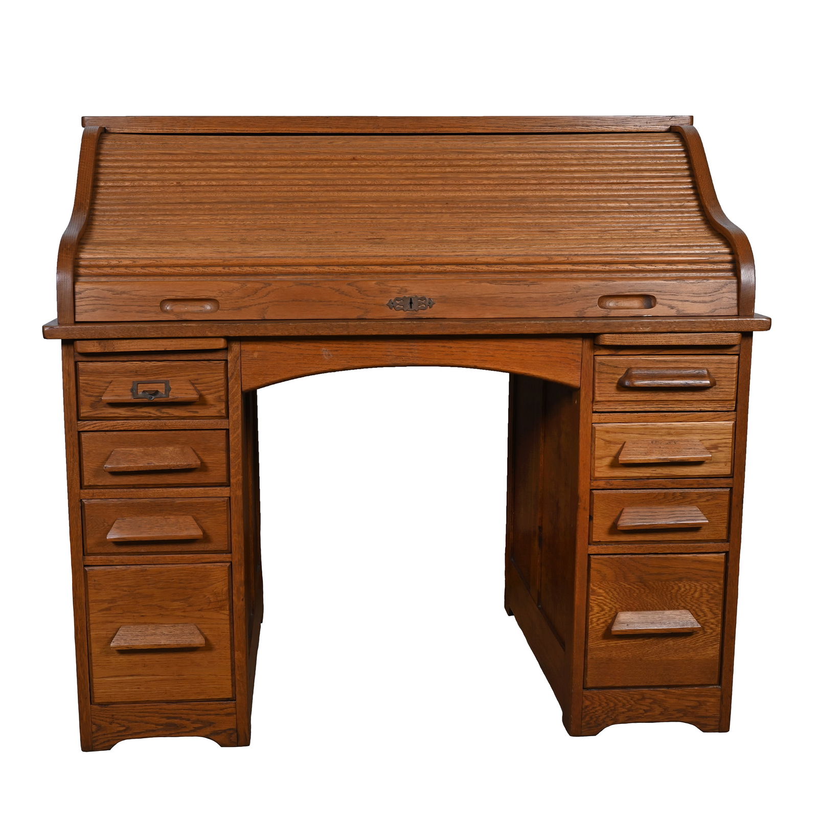 Oak Roll Top Desk, Separates Into Three Parts Including: Removable Roll Top And Two Side Cabinets (1 of 5)