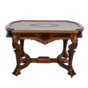 Library Table, Victorian Burl Walnut Attributed To Herter Or