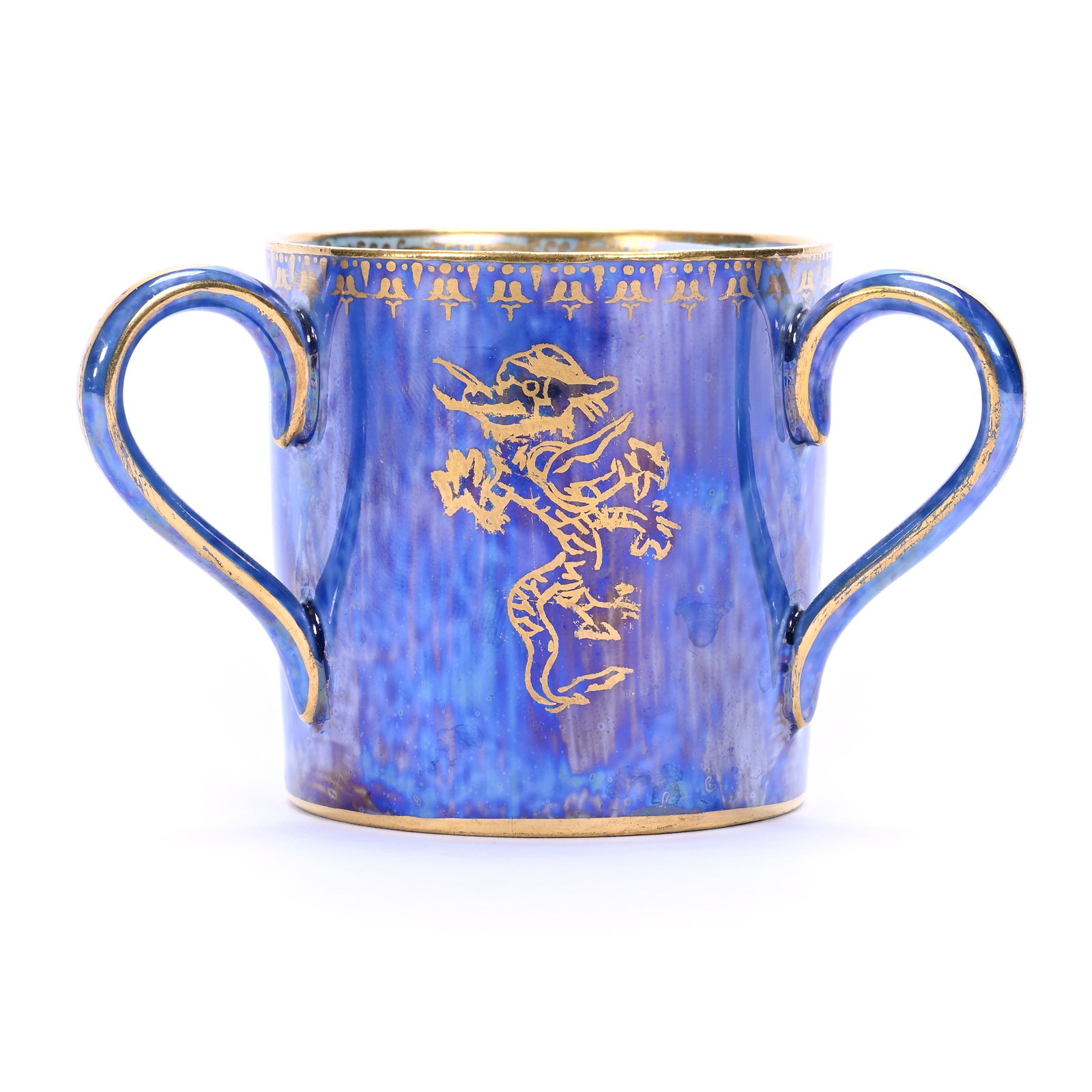 Loving Cup, Three Handles, Marked Wedgwood, Small Animals, #Z4830: Loving Cup, Three Handles, Marked Wedgwood, Small Animals, #Z4830, 2" x 3.25", Blue Mottling Exterior With Green Staining Interior, This Shape Is Not Shown In Fontaines Book, Paul Pellet Estate, Texas
