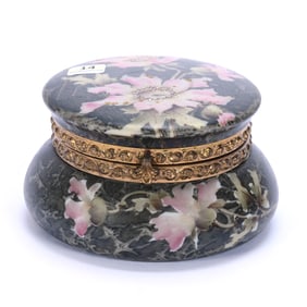 Jewel Box Marked Kelva, Green Mottled Ground, Pink Floral Decor