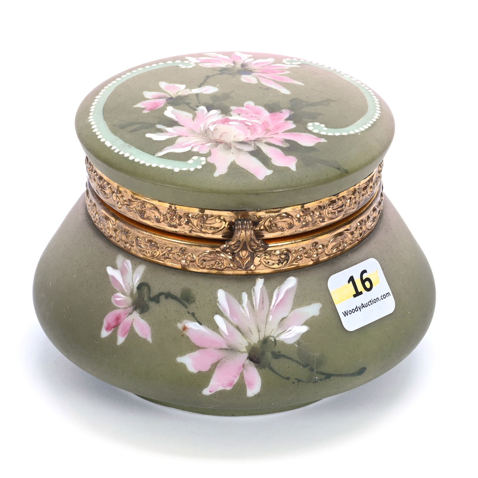 Jewel Box Marked Nakara, Green And Pink Tones, Pink Floral Decor: Jewel Box Marked Nakara, Green And Pink Tones, Pink Floral Decor, 3.5" x 5", White Beaded Enamel Highlights, Original Lining, Gerry And Jamie Prather Collection, Michigan.