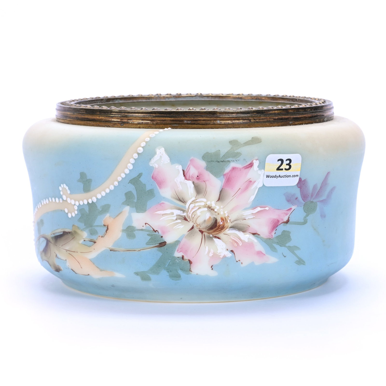 Fernery Marked Nakara, Blue And Cream Tones, Pink Floral Decor: Fernery Marked Nakara, Blue And Cream Tones, Pink Floral Decor, 4" x 7.75", White Beaded Enamel Highlights, Gerry And Jamie Prather Collection, Michigan.