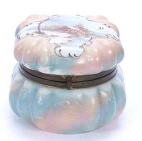 Dresser Box Marked Keystone, Pink And Blue Tones, Winter Cottage Scenic Decor