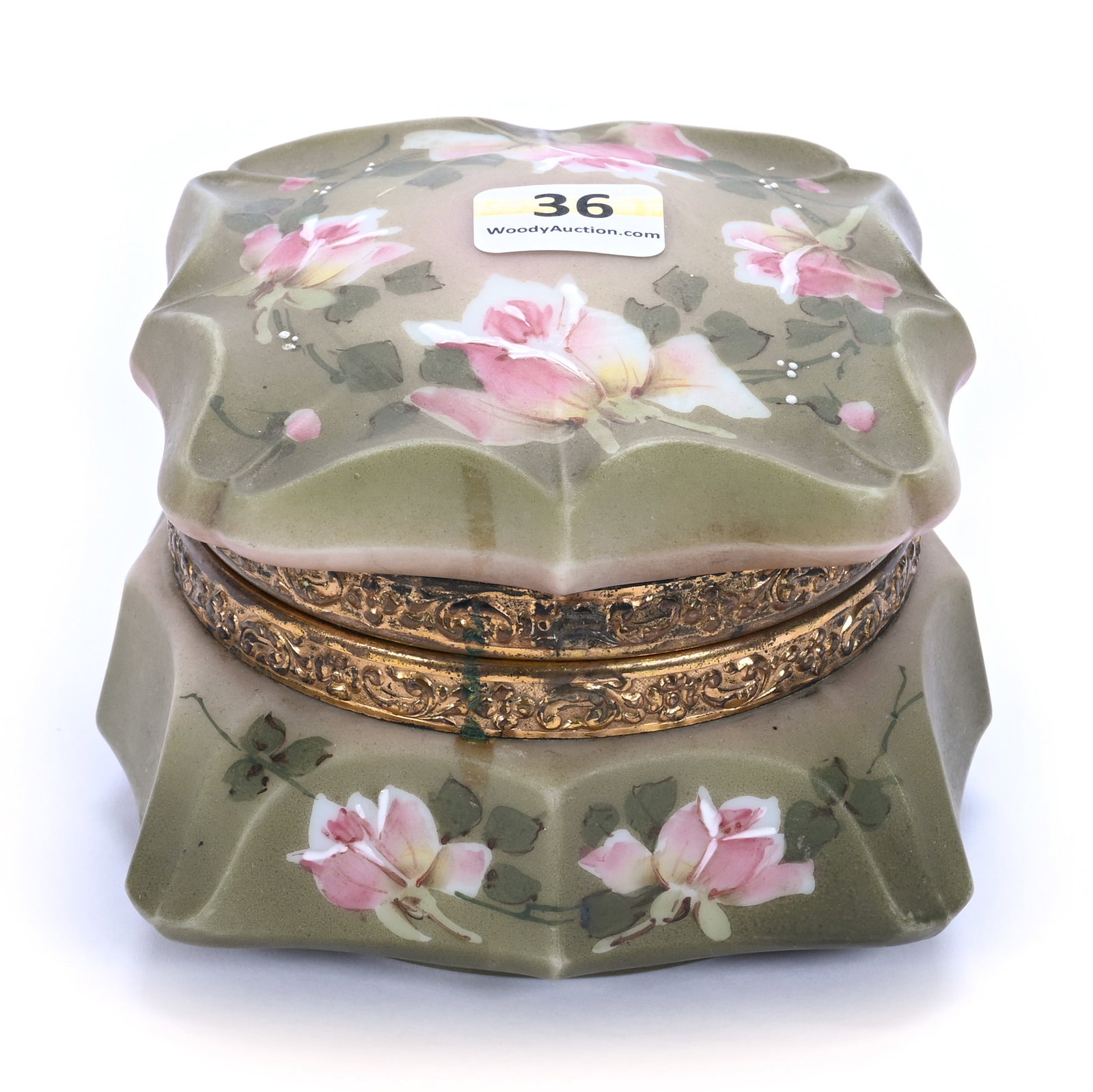 Jewel Box Marked Nakara, Pink And Green Tones, Rose Decor: Jewel Box Marked Nakara, Pink And Green Tones, Rose Decor, 3.25" x 4.25", Original Lining, Clasp Currently Not Attached, Gerry And Jamie Prather Collection, Michigan.