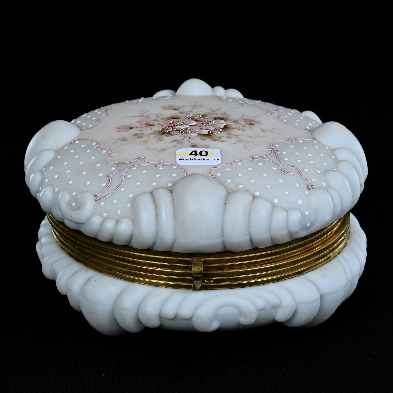 Dresser Box, Unmarked Wave Crest, Puff Mold: Dresser Box, Unmarked Wave Crest, Puff Mold, 3.75" x 7.25", Blue And White Tones, Pink Floral Decor, White Enamel Beaded Tapestry Highlights, Gerry And Jamie Prather Collection, Michigan.