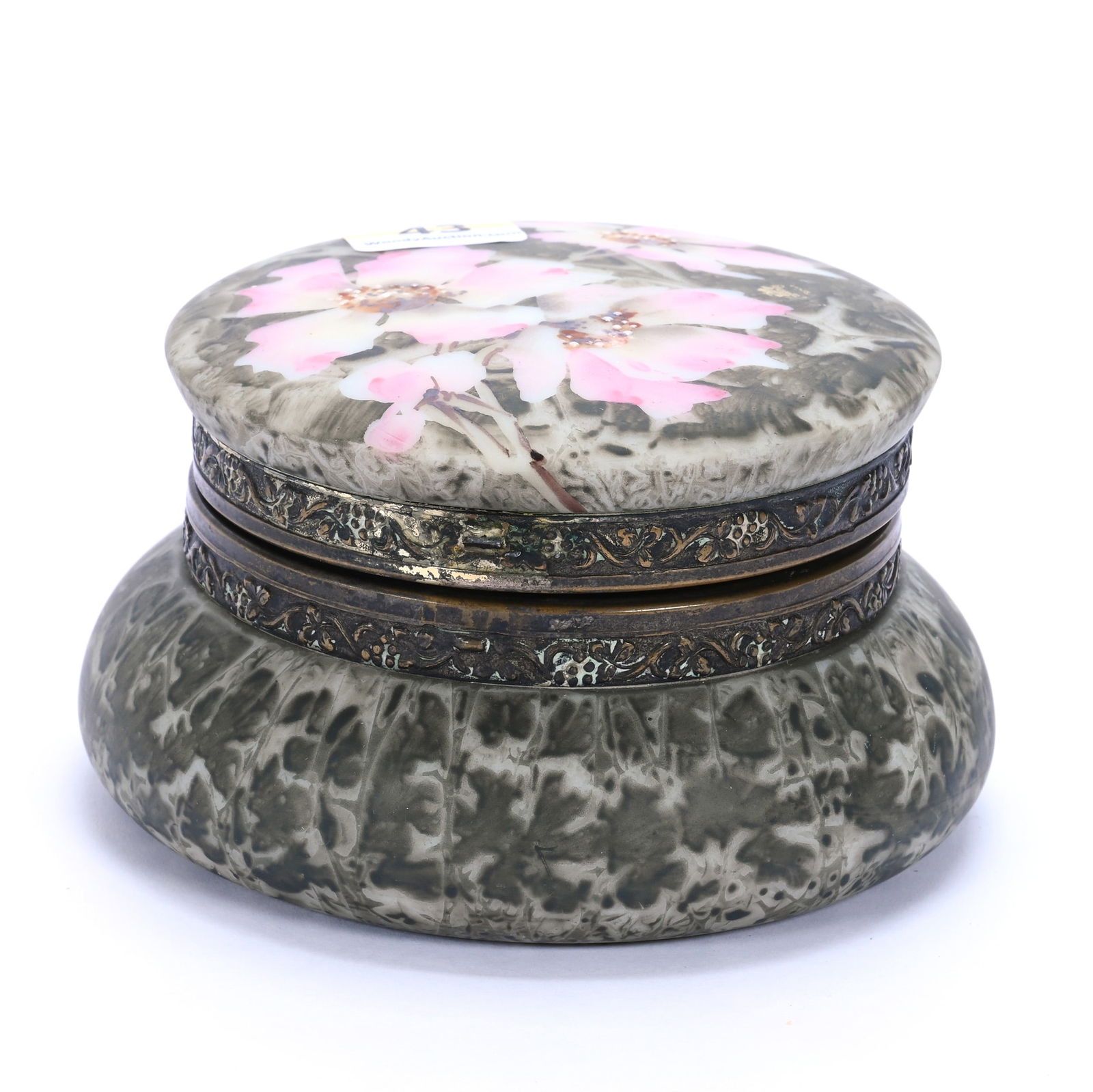 Jewel Box Marked Kelva, Green Mottled Ground, Pink Floral Decor (1 of 5)