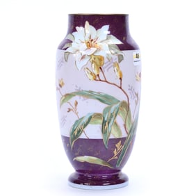 Vase, Opaline Art Glass With Burgundy Border