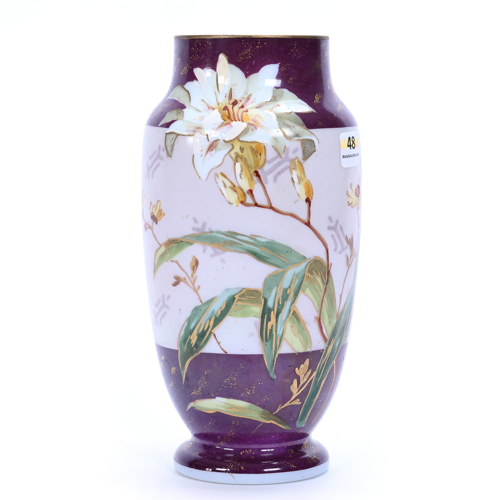 Vase, Opaline Art Glass With Burgundy Border: Vase, Opaline Art Glass With Burgundy Border, 9" x 4.5", Lily Flora Decor, Gerry And Jamie Prather Collection, Michigan.