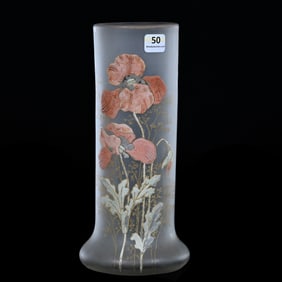 Vase, Frosted Art Glass With Enamel Poppy Decor