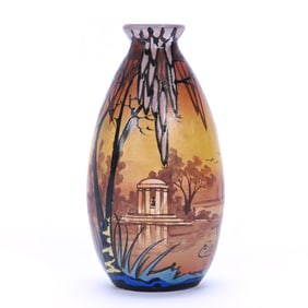 Vase, French Art Glass Signed "Clio", Enamel Scenic Decor Of Lake And Trees