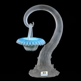 Novelty Art Glass Vase, Blue Satin Ruffled Basket
