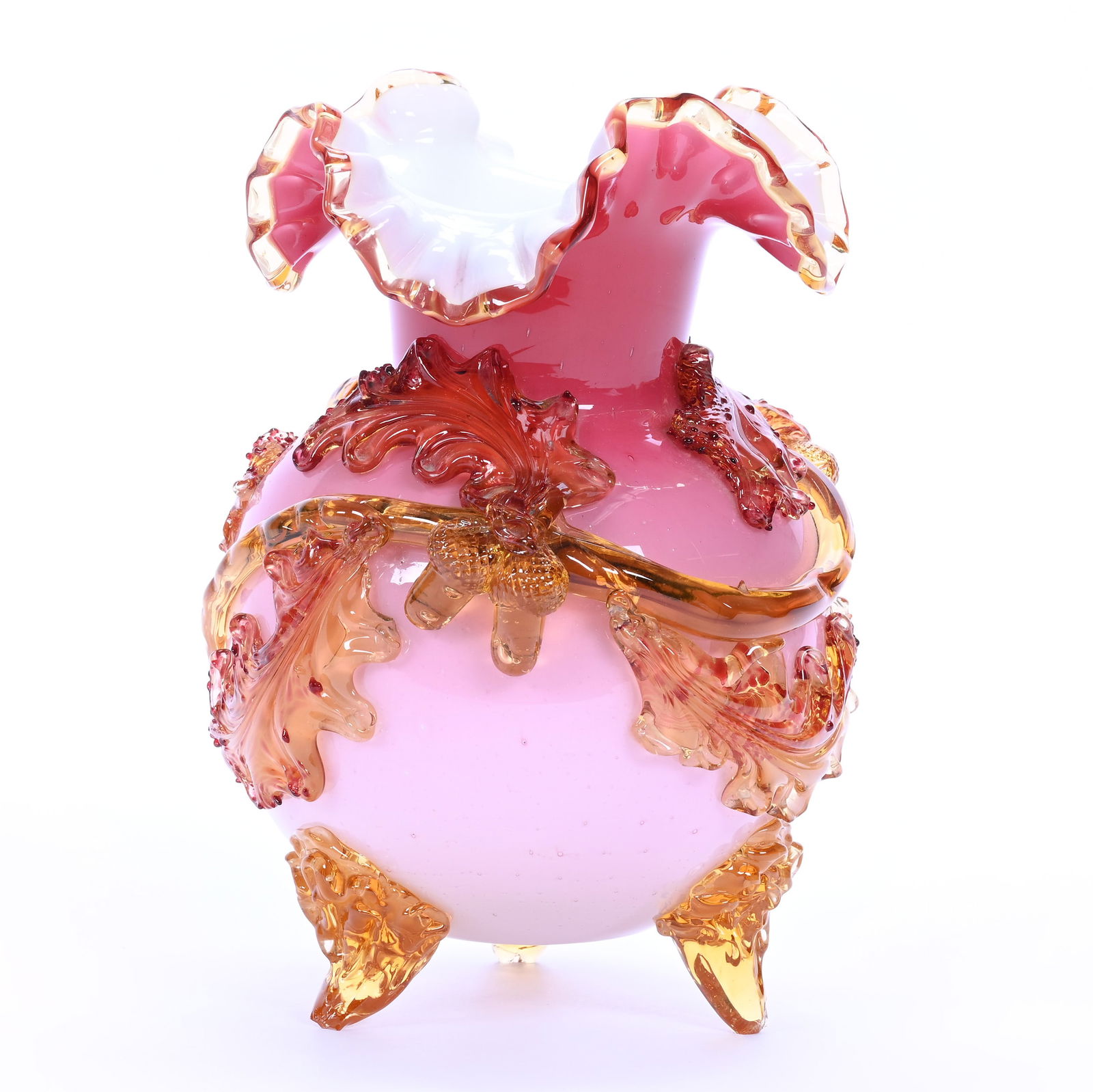 Footed Vase, Unmarked Stevens & Williams Art Glass: Footed Vase, Unmarked Stevens & Williams Art Glass, 8.5" x 6.5", Pink Cased With Extensive Amber Applied Acorn, Branch And Leaf Decor, Foot Chip, Gerry And Jamie Prather Collection, Michigan.