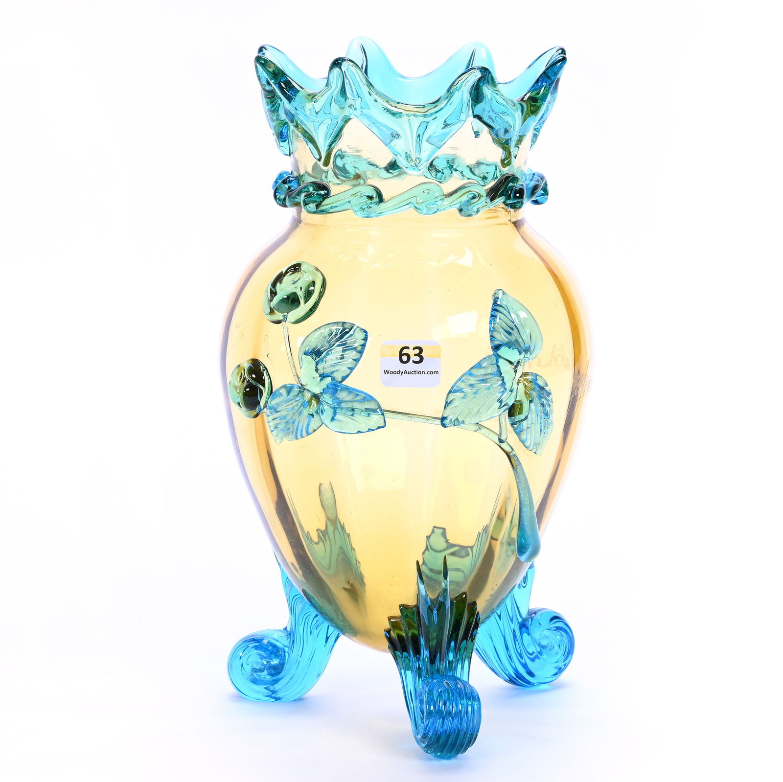 Footed Souvenir Vase, Unmarked Stevens & Williams Art Glass: Footed Souvenir Vase, Unmarked Stevens & Williams Art Glass, 10.5" x 6", Amber Body With Blue Applied Blossoms, Feet And Rim, Engraved "N.O. Exposition 1885", (N.O. For New Orleans), Gerry And Jamie P