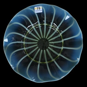 Low Bowl, Ruffled, Vaseline Opalescent Striped Art Glass