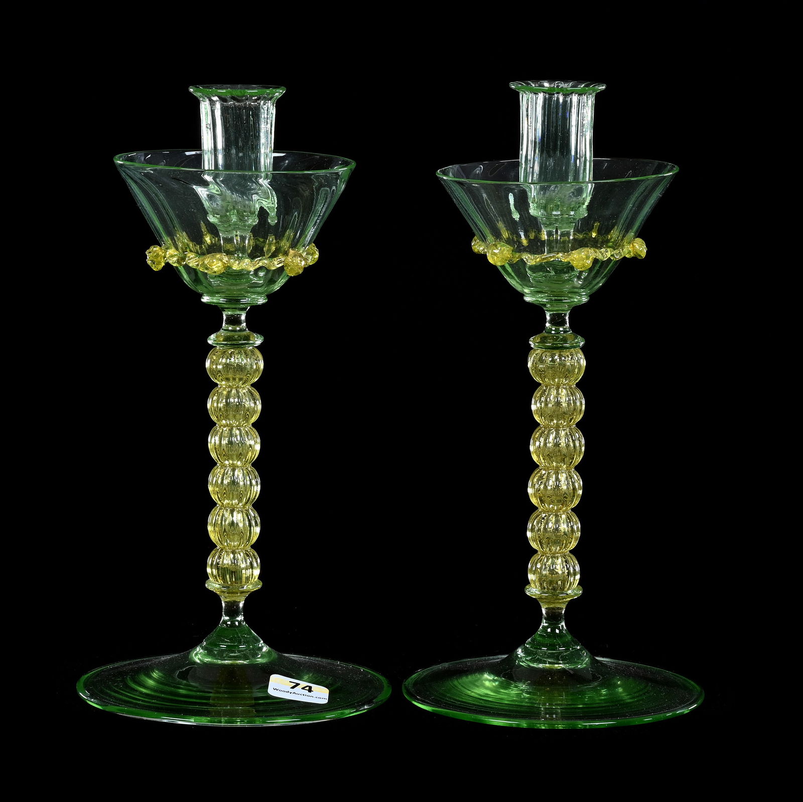 Pair Candlesticks, Venetian Art Glass, Uranium Apple Green With Yellow Mica Stem (1 of 5)
