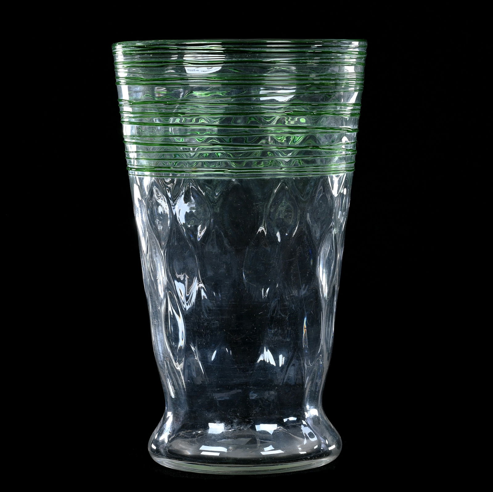 Vase, Unmarked Steuben Art Glass, Colorless Diamond Quilted, Green Reeding: Vase, Unmarked Steuben Art Glass, Colorless Diamond Quilted, Green Reeding, 10" x 6", Shape #6777, Gerry And Jamie Prather Collection, Michigan.
