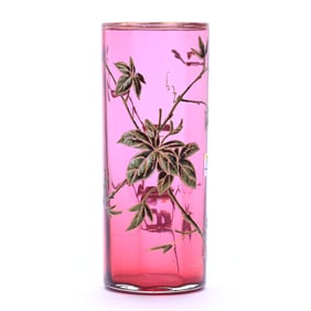 Cylinder Vase, Cranberry Art Glass, Heavy Enamel Branch And Leaf Decor