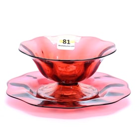 Sherbet And Underplate, Unmarked Cranberry Art Glass Attributed To Durand