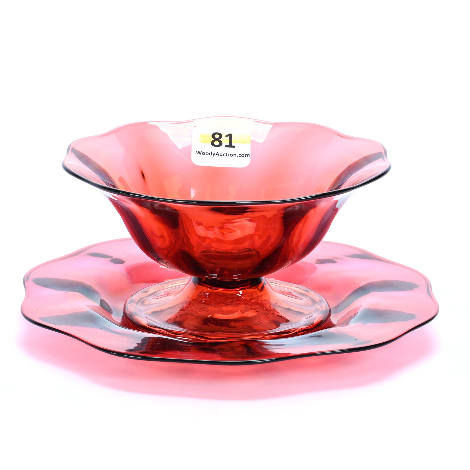 Sherbet And Underplate, Unmarked Cranberry Art Glass Attributed To Durand: Sherbet And Underplate, Unmarked Cranberry Art Glass Attributed To Durand, 2.5" x 6", Gerry And Jamie Prather Collection, Michigan.