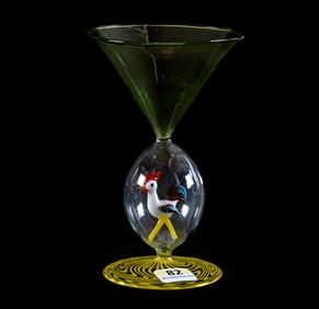 Wine Stem, Bimini Art Glass, Figural Rooster Stem, Green Bowl, Yellow Swirl Foot