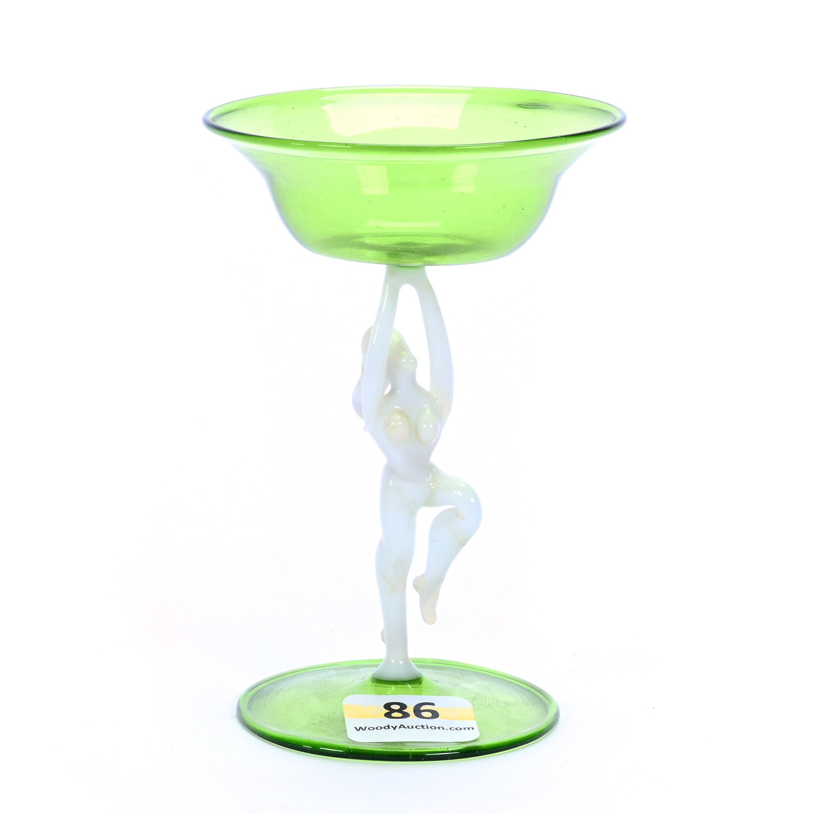 Wine Stem, Unmarked Bimini Art Glass, Figural Female Nude Stem: Wine Stem, Unmarked Bimini Art Glass, Figural Female Nude Stem, 4" x 2.75", Green Bowl And Foot, Gerry And Jamie Prather Collection, Michigan. UPDATE: 09/22/25 updated description from dragon stem to