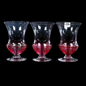 (3) Short Parfait Glasses Signed Steuben Art Glass, Transparent With Gold Ruby Threading