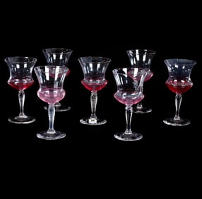(7) Goblets Signed Steuben Art Glass, Transparent With Gold Ruby Threading