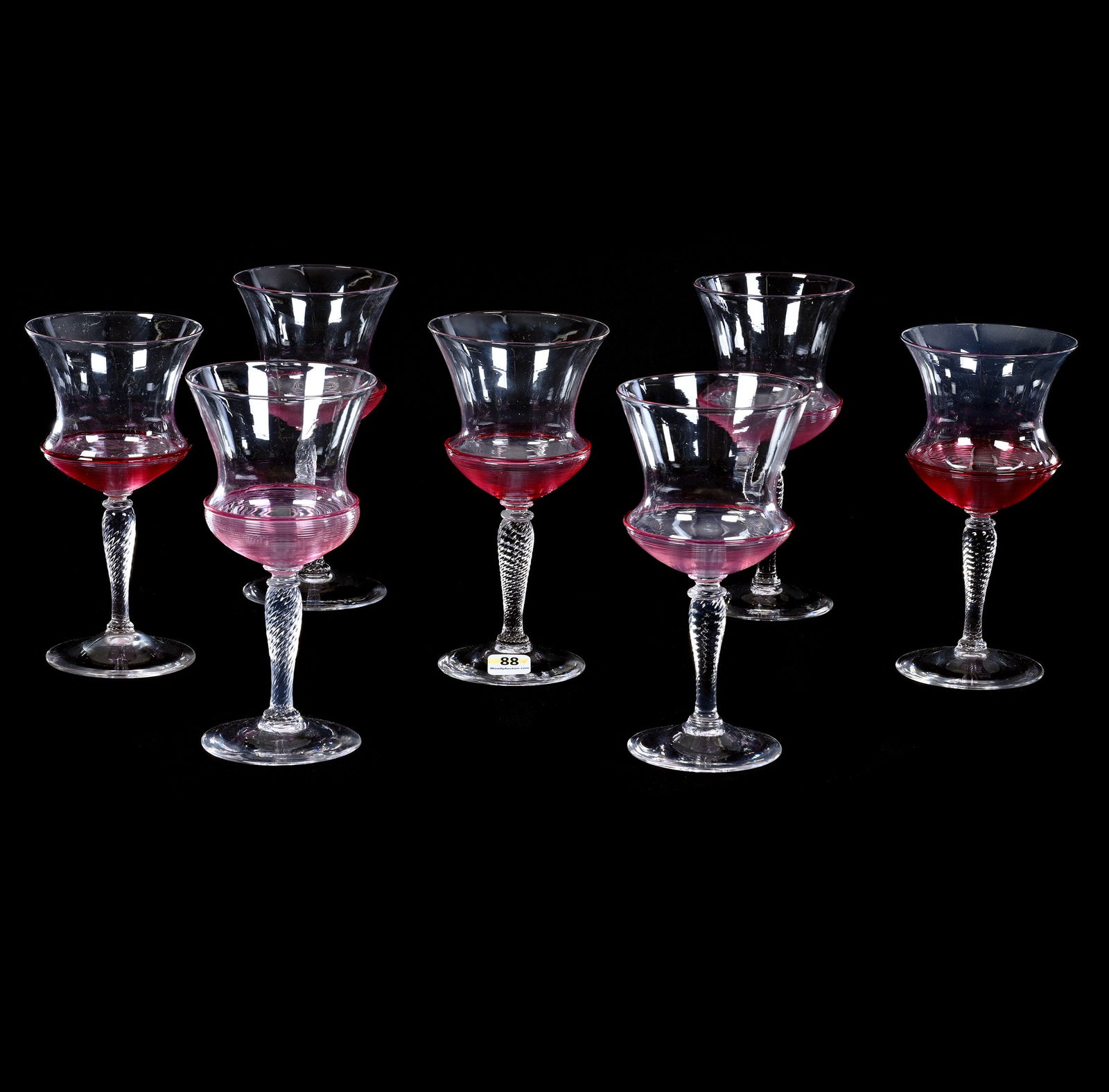 (7) Goblets Signed Steuben Art Glass, Transparent With Gold Ruby Threading (1 of 3)