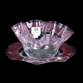Finger Bowl And Underplate, Unmarked Steuben Art Glass, Transparent With Ruby Gold Threading