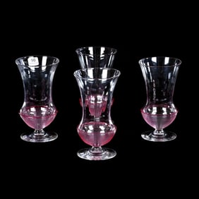 (4) Tall Parfait Glasses, Unmarked Steuben Art Glass, Transparent With Ruby Gold Threading