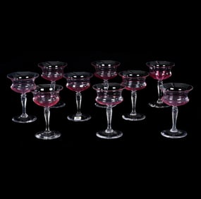 (9) Champagne Stems Signed Steuben Art Glass, Transparent With Ruby Gold Threading