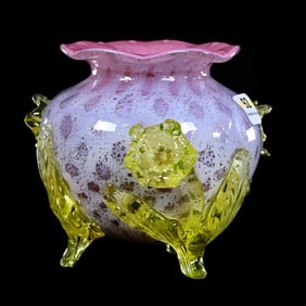 Footed Rose Bowl, Unmarked Cased Art Glass