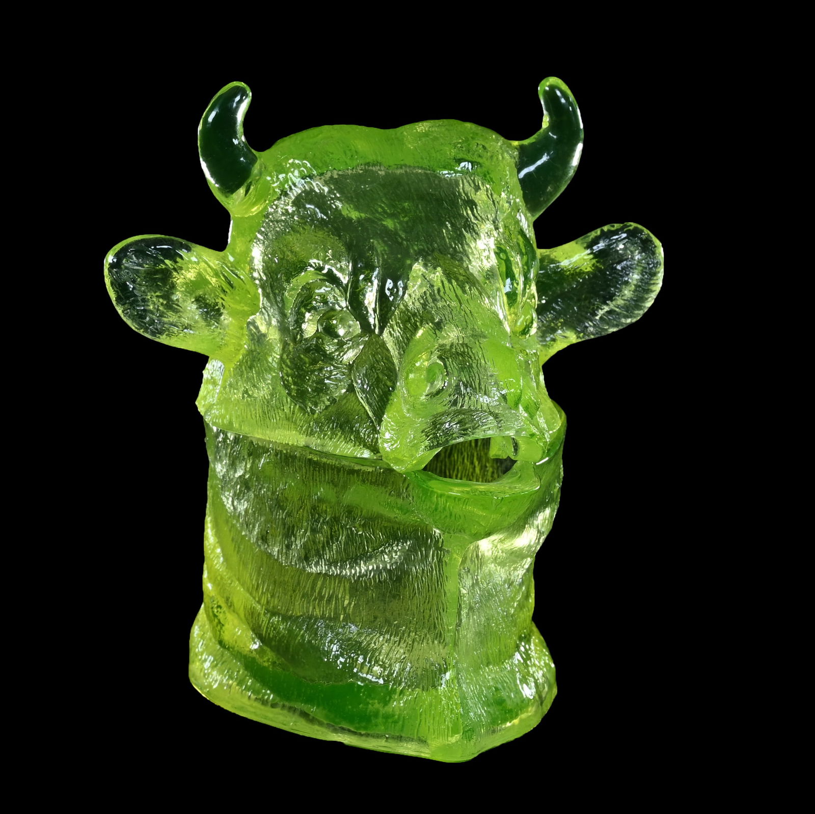 Figural Mustard Jar, Solid Vaseline Pattern Glass Bull (1 of 4)
