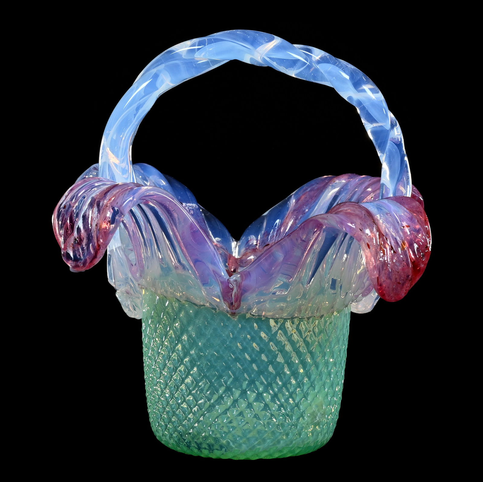 Basket, Uranium Green Pattern Glass With Cranberry Opalescent Pulled Feather Rim (1 of 5)