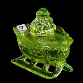 Figural Candy Dish, Santa In Sleigh, Solid Vaseline Pattern Glass
