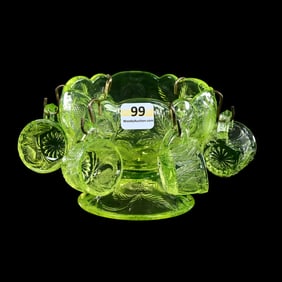 Child's Punch Set, Solid Vaseline Pattern Glass, Inverted Strawberry Pattern By Mosser
