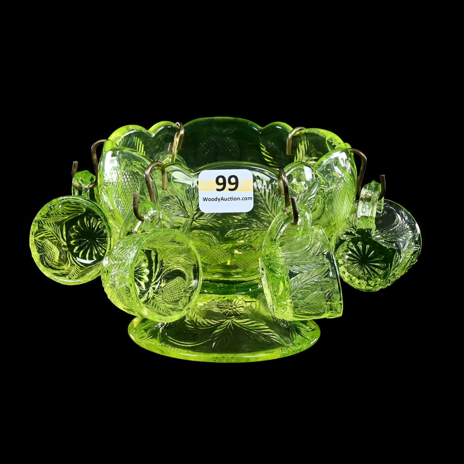 Child's Punch Set, Solid Vaseline Pattern Glass, Inverted Strawberry Pattern By Mosser (1 of 4)