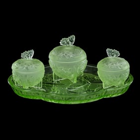 Dresser Set By Sowerby, Solid Uranium Green Pattern Glass