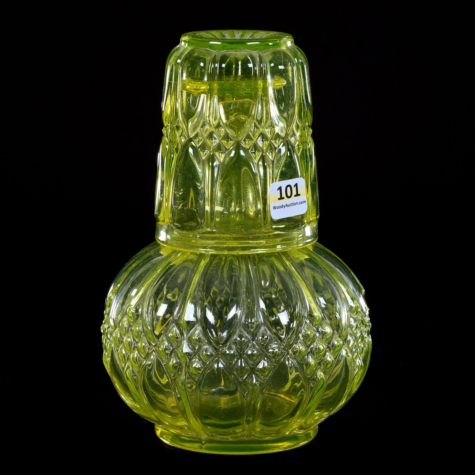 Tumble-Up, Solid Vaseline Glass Signed Val St. Lambert: Tumble-Up, Solid Vaseline Glass Signed Val St. Lambert, 8" x 5.25", Tusk And Diamond Design, Nice Set, Highly Reactive Under Black Light, Idaho Private Collection.