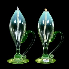 Pair Colonial Sparking Lamps, Solid Vaseline Opalescent Glass Made By Jamestown