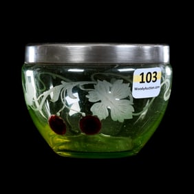 Bowl, Unmarked Solid Vaseline Art Glass With Marquetry Cherries