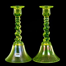 Pair Candlesticks, Solid Vaseline Pattern Glass By Tiffin