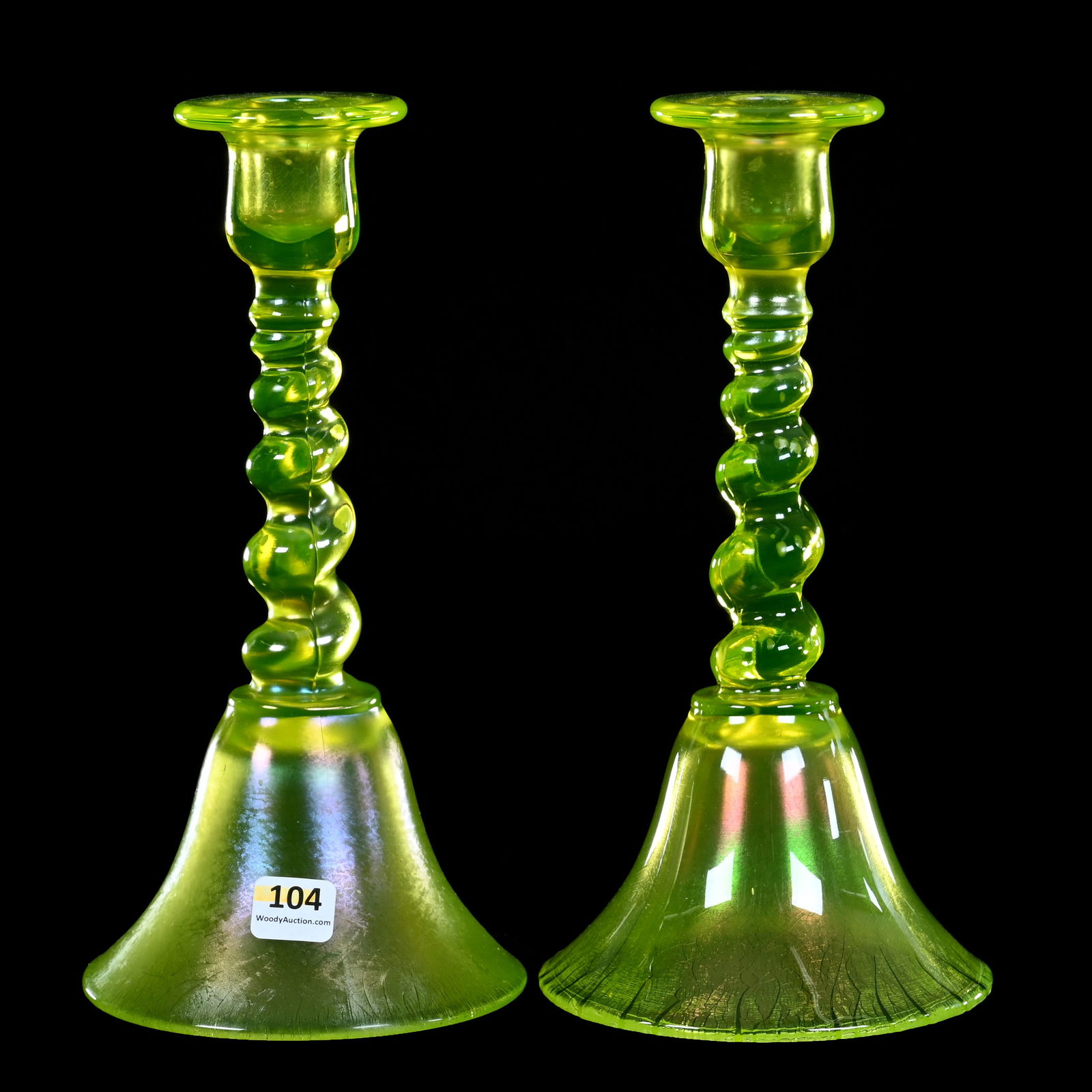 Pair Candlesticks, Solid Vaseline Pattern Glass By Tiffin (1 of 4)