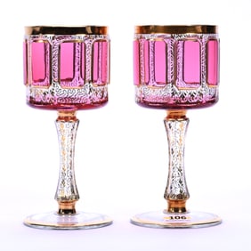 Pair Wine Stems, Unmarked Moser Art Glass